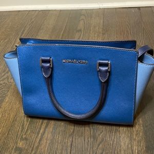 Michael Kors Staffiano Selma Colorblock Steel Blue Sky Navy Leather Satchel
